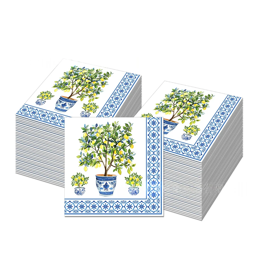 20Pcs Chinoiserie Lemon Tree Disposable Paper Napkins Mediterranean Tile Pattern Decorative Napkin For Party Table Wedding Decor
