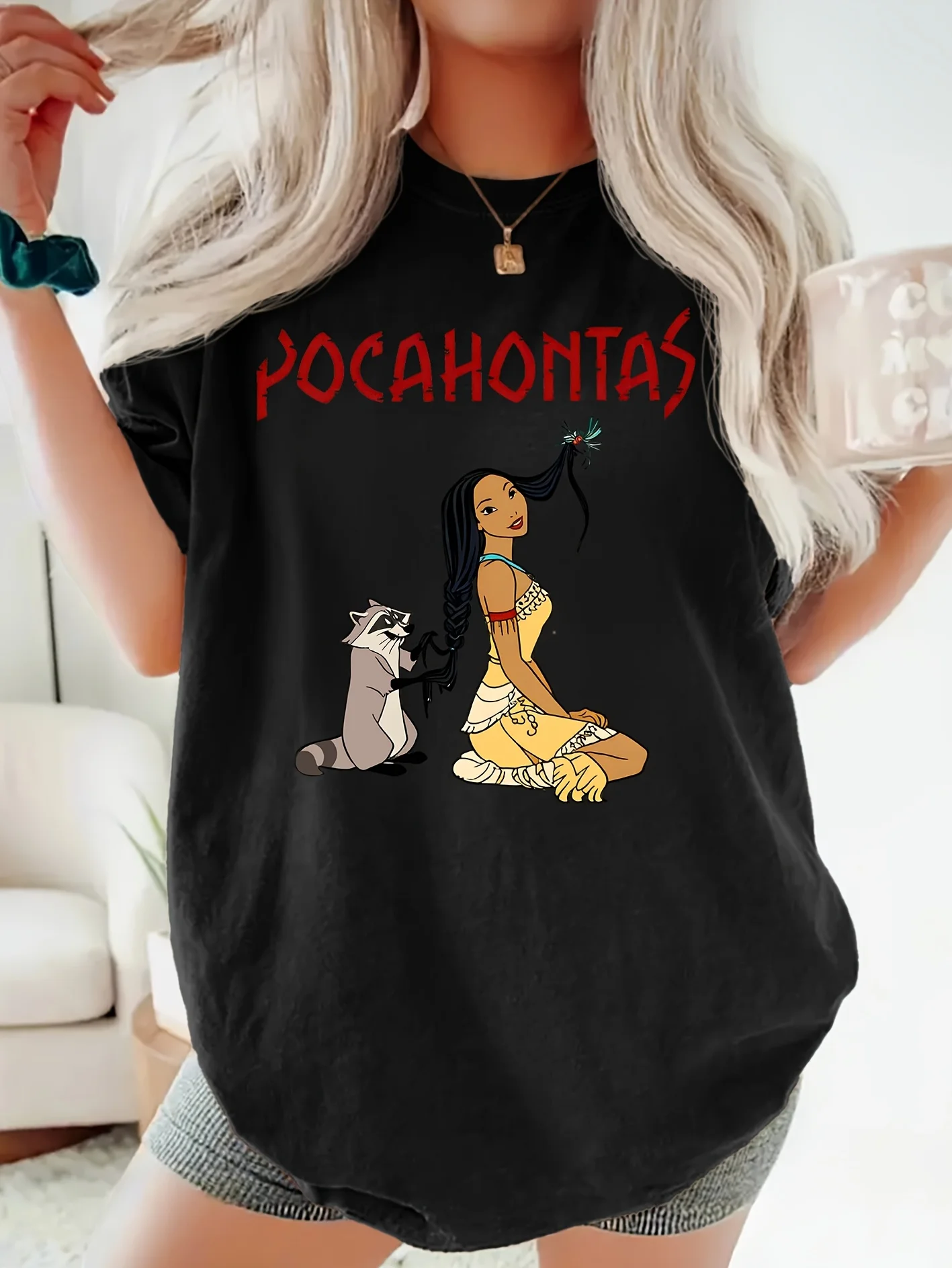 تي شيرت نسائي بنمط ديزني ريترو بوكاهونتاس من القطن بأكمام قصيرة للجنسين ملابس الشارع كبيرة الحجم فضفاضة كاجوال أنيقة