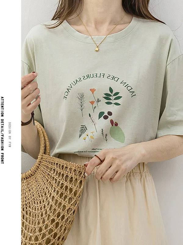 

Chic Light een ort Sve Women's T-irt Summer New Design Loose Fit Versatile Casual Cotton Blend round Ne Top