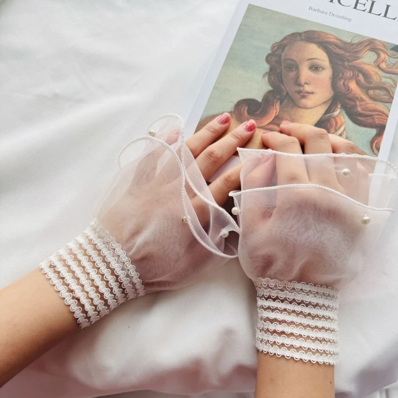 E15F Sarung Tangan Wanita Bergaya Mutiara Berlapis Jaring dengan Lengan Palsu Berumbai dan Manset Renda untuk Pesta Malam Aksesori Sarung Tangan