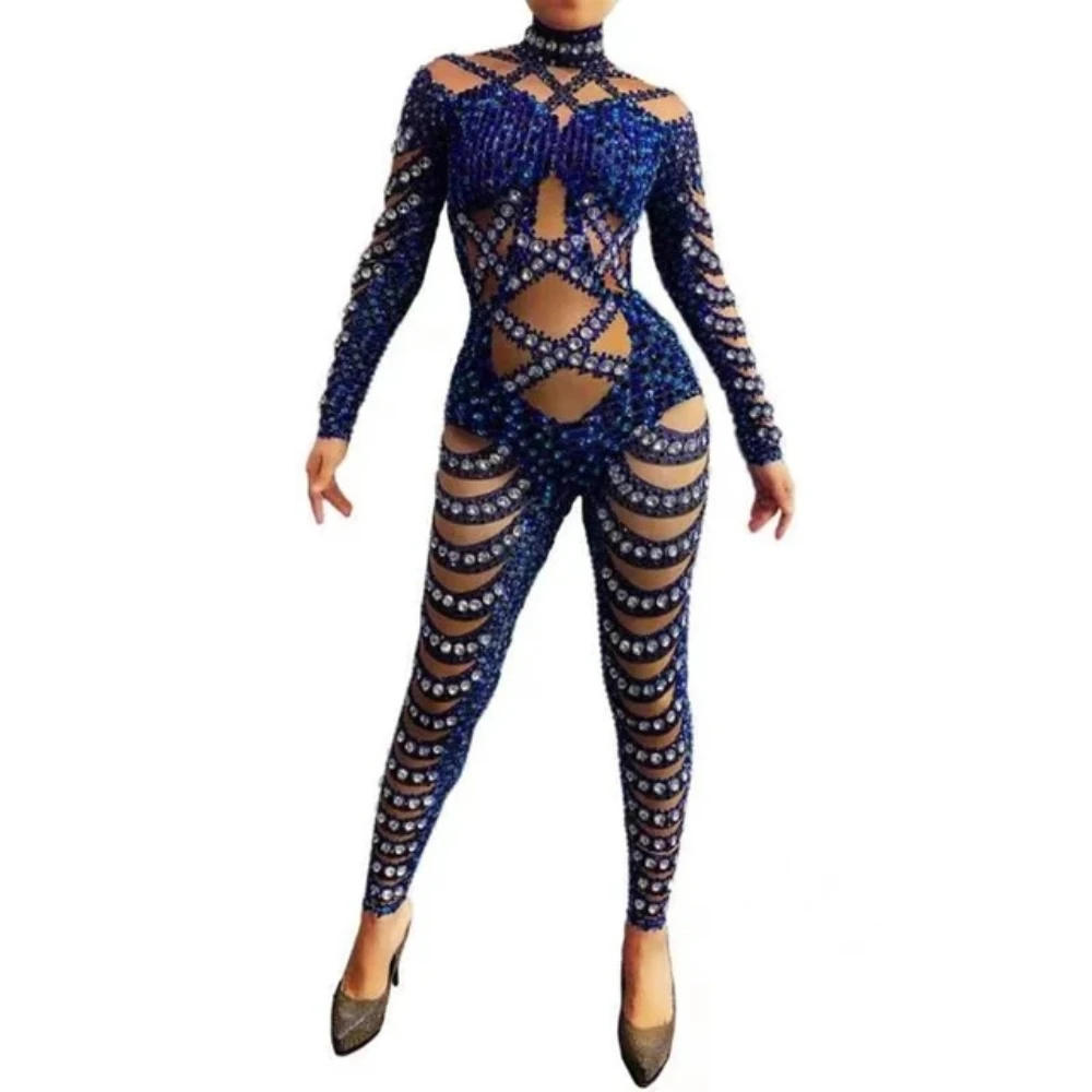 

2023 New ArrivalRhinestone Transparent Long Sleeve Jumpsuit For Christmas Celebrate Costume Stage Performance Party