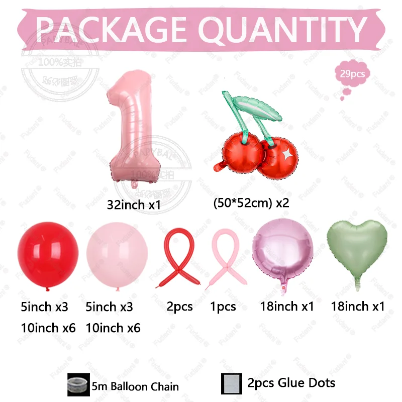 29pcs/set Cherry Fruit Theme Aluminum Balloon Column Set Sweet Summer Birthday Party Wedding Decoration Girls Cherry Balloons