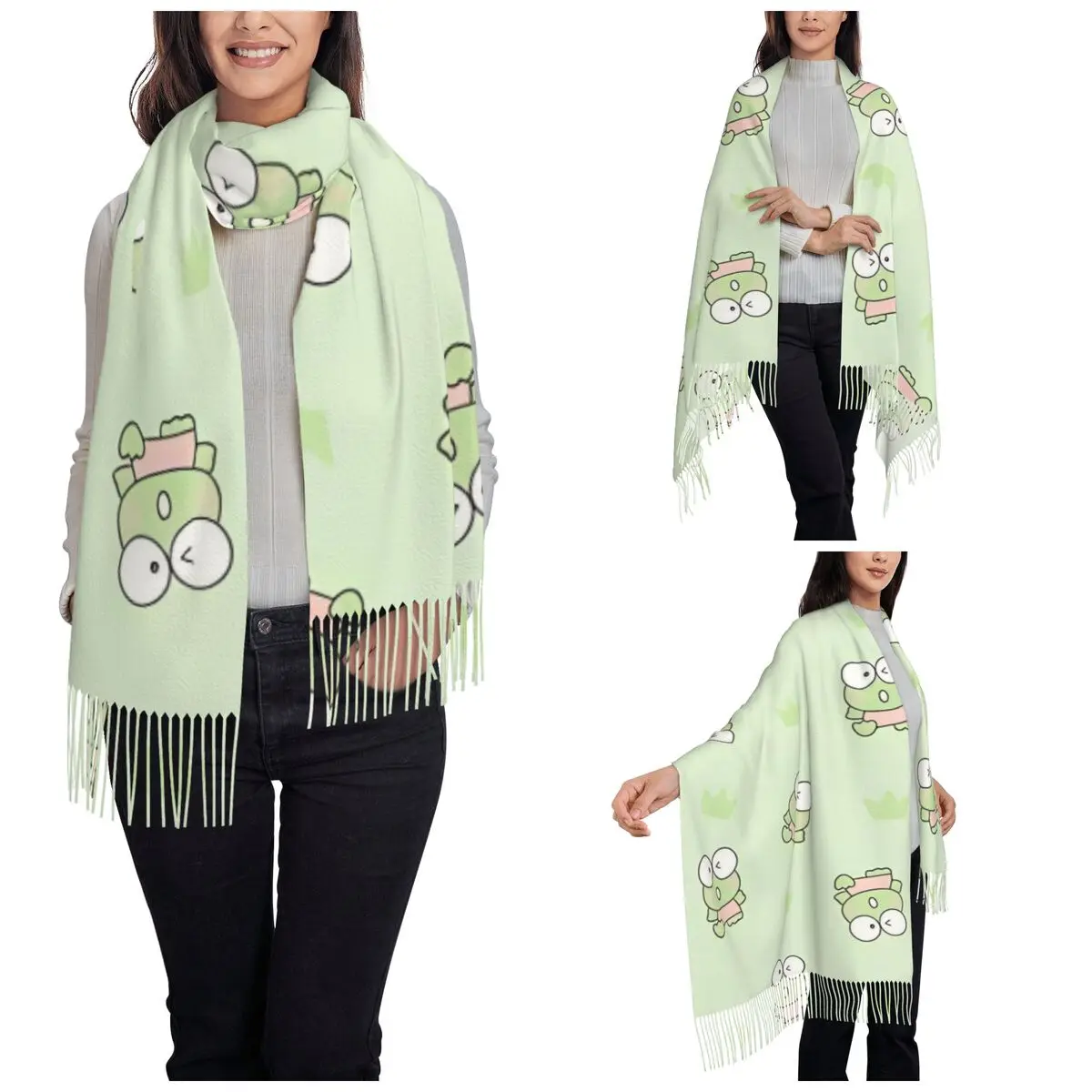 Sanrio Keroppi Frog Shawl Wrap for Women Winter Large Soft Scarf Cartoon Neckerchief Tassel Scarves