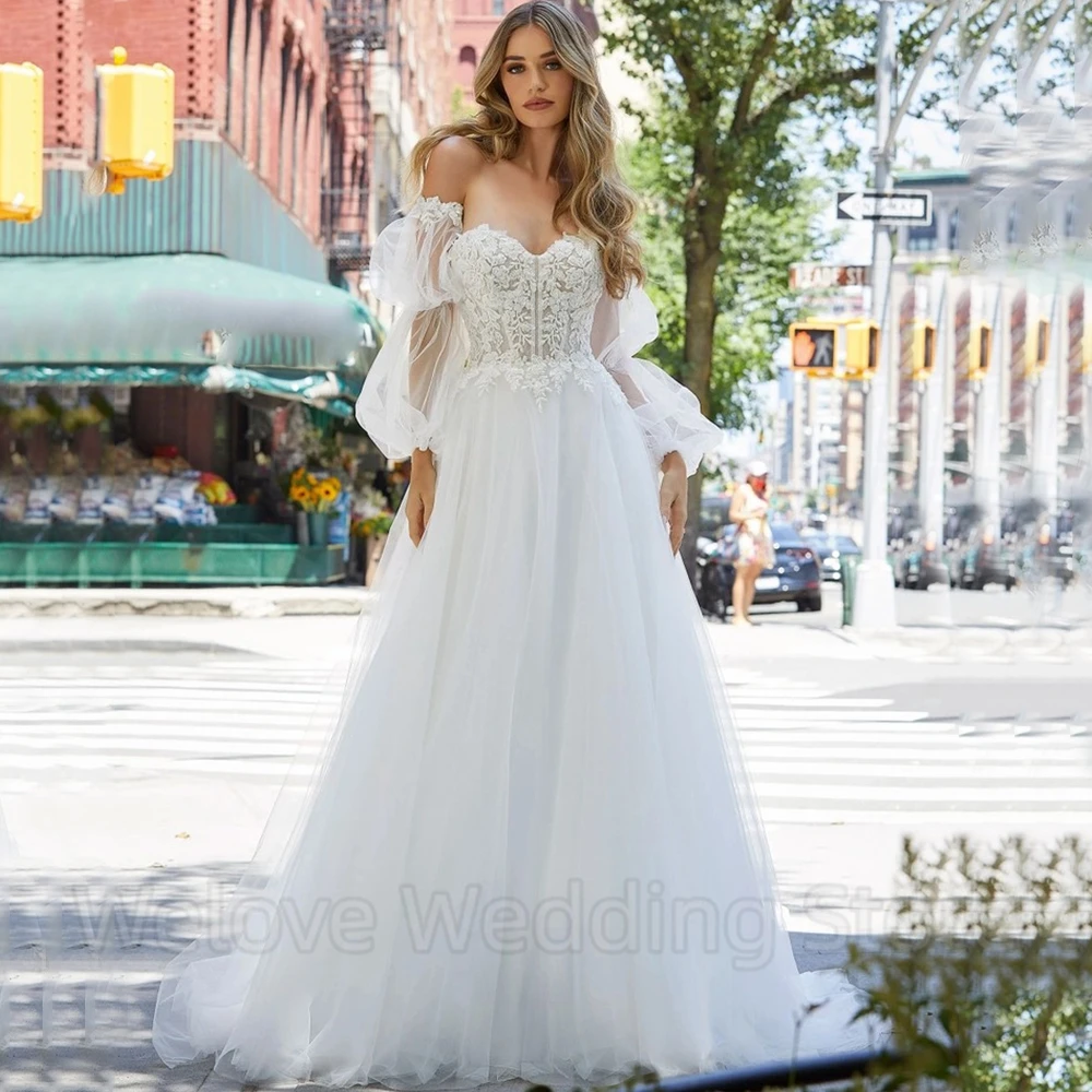 Exquisite Applique Wedding Dress Sweetheart A-Line Bridal Tulle Floor Length Strapless Open Back with Detachable Long Sleeves