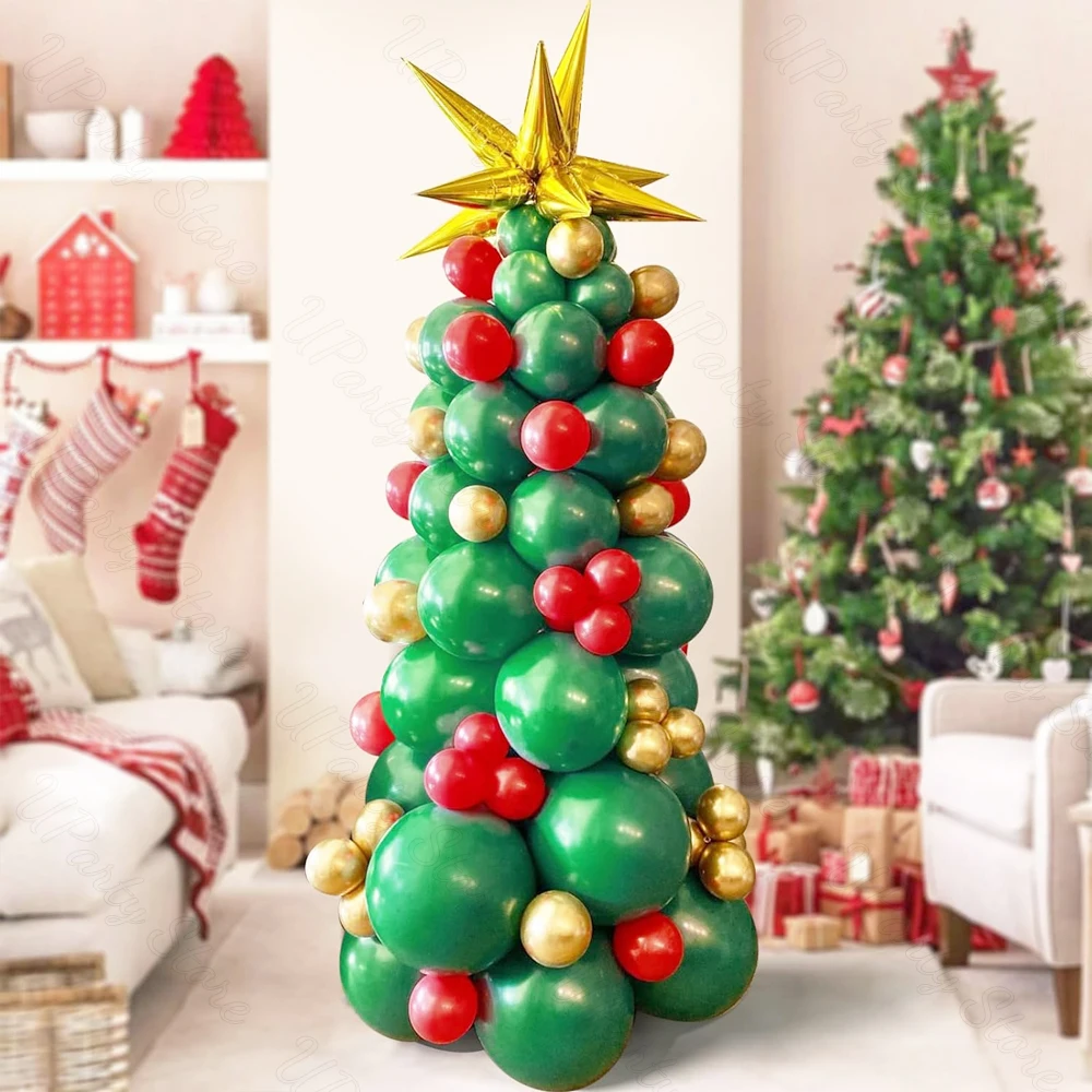 92Pcs Christmas Tree Balloons Set Gold Starburst Star Foil Balloons Red Green Metal Gold Balloon Arch for 2025 Christmas Decor