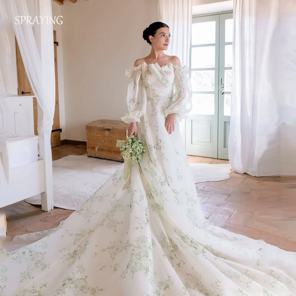 Robe de mariée en Organza imprimé floral, épaules dénudées, manches longues, traîne longue, robe de soirée de mariage personnalisée