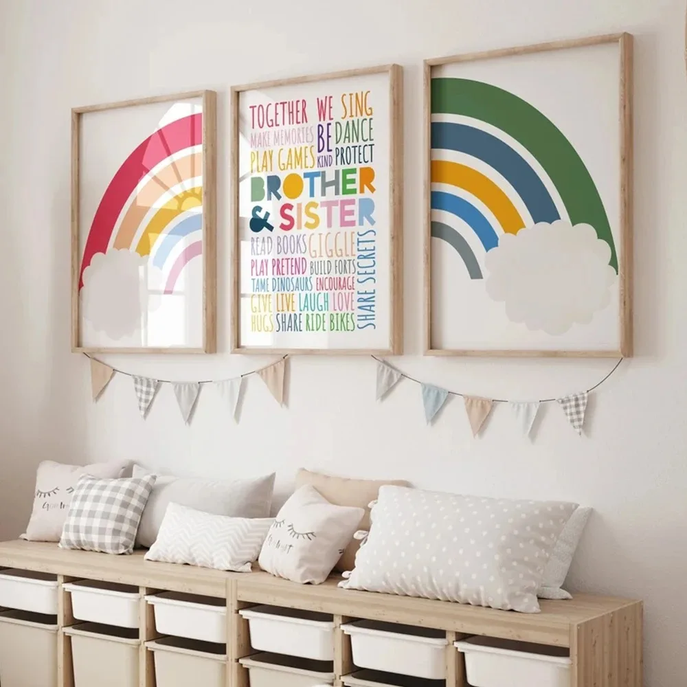 Cartoon Cute Child Colorful Rainbow Quotes Nursery Wall Art Canvas Painting Posters for Kids Boy Girl Play Room Home Decor