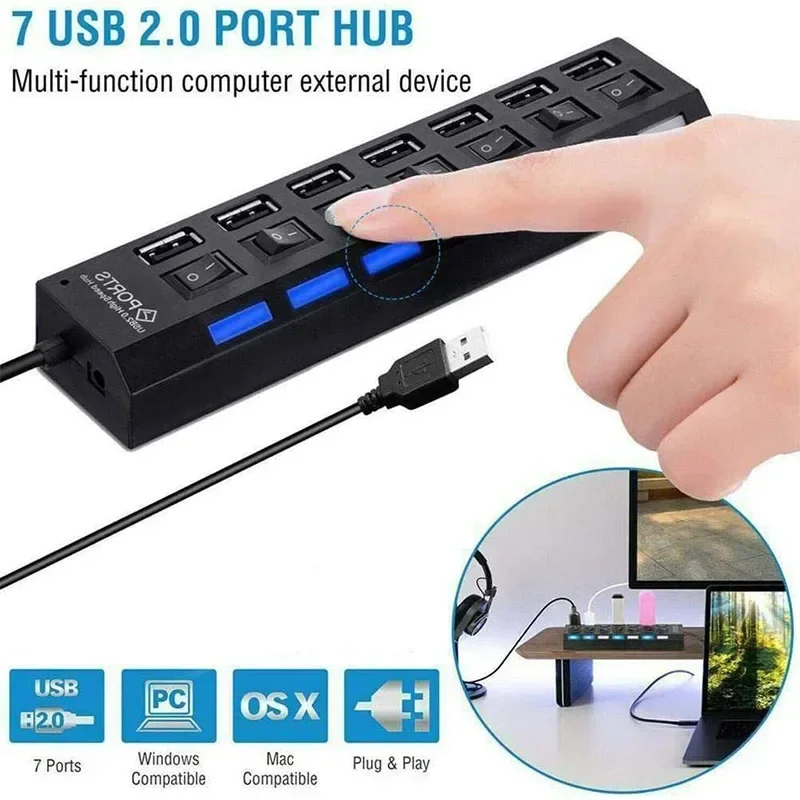 USB HUB 2.0 Multi-USB-Splitter 7-Port-Expander Kein Netzteil-Hub Unabhängiger Schalter für PC-Seiten mit Gaming-Zubehör