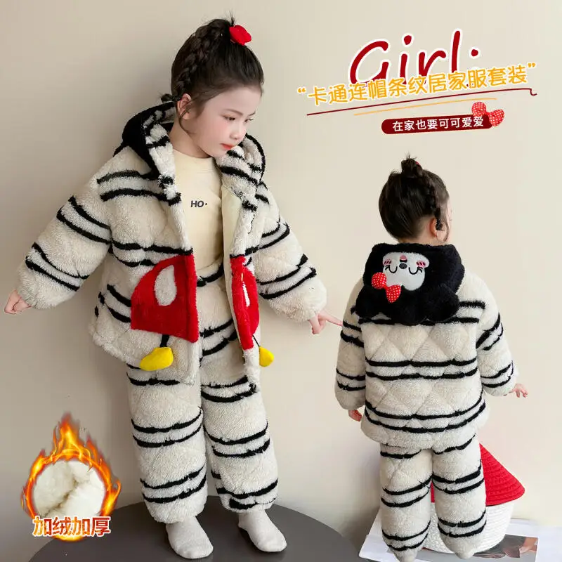 

2Pcs Striped Three-Layer Cotton Jacket Set for Girls' Winter Anime Kawaii Thick Warm Hooded Pajamas Comfortable