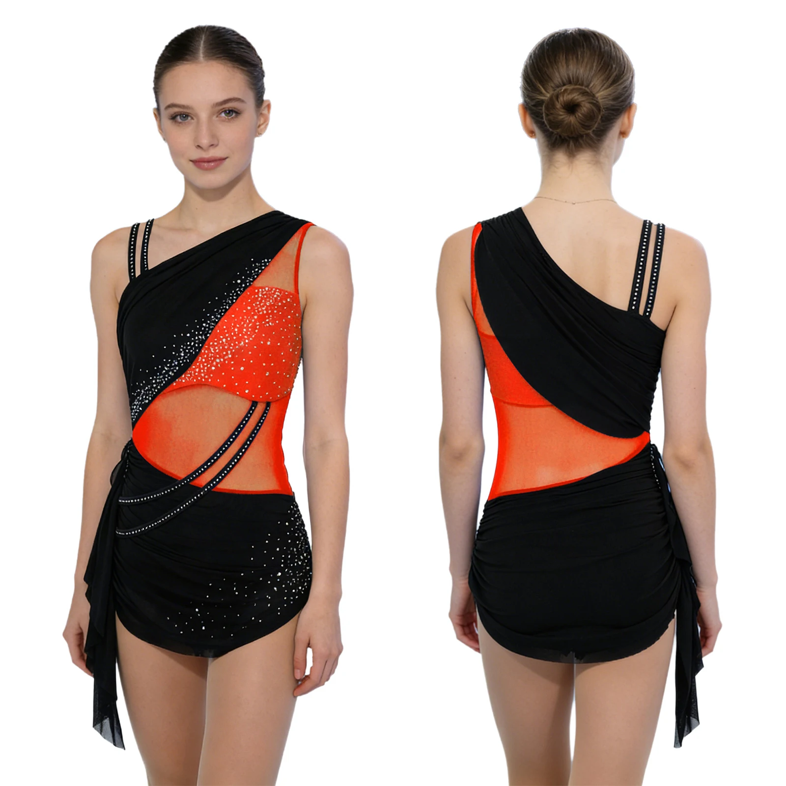 

Women Figure Skating Gymnastics Leotard Dress Rhinestones Sheer Mesh Acrobatics Ballet Lyrical Latin Dance Bodysuit Dancewaer