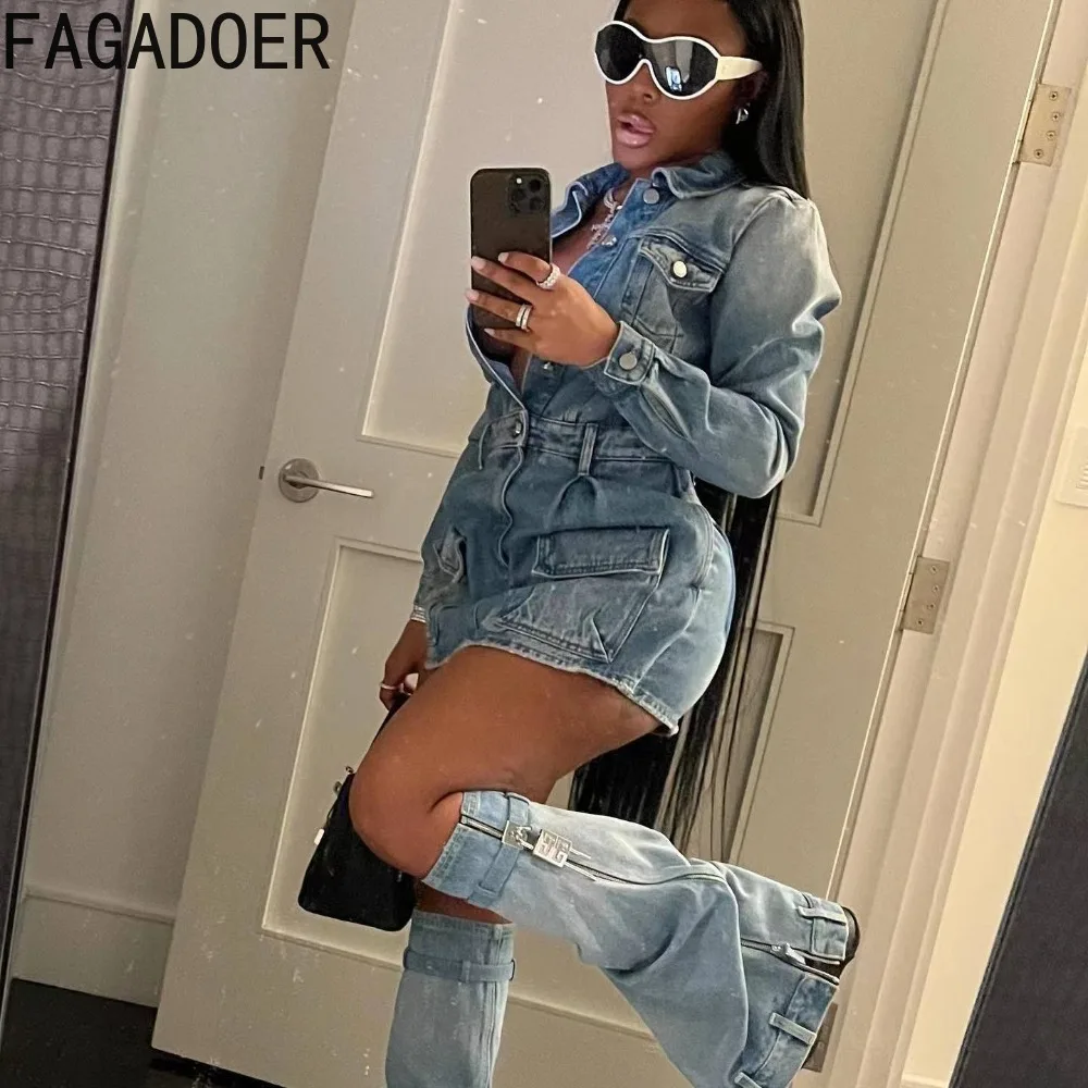 FAGADOER modny guzik z długim rękawem Denim Mini sukienka damska kołnierzyk z kieszenią z osłoną na nogę odzież damska kowbojska Vestidos