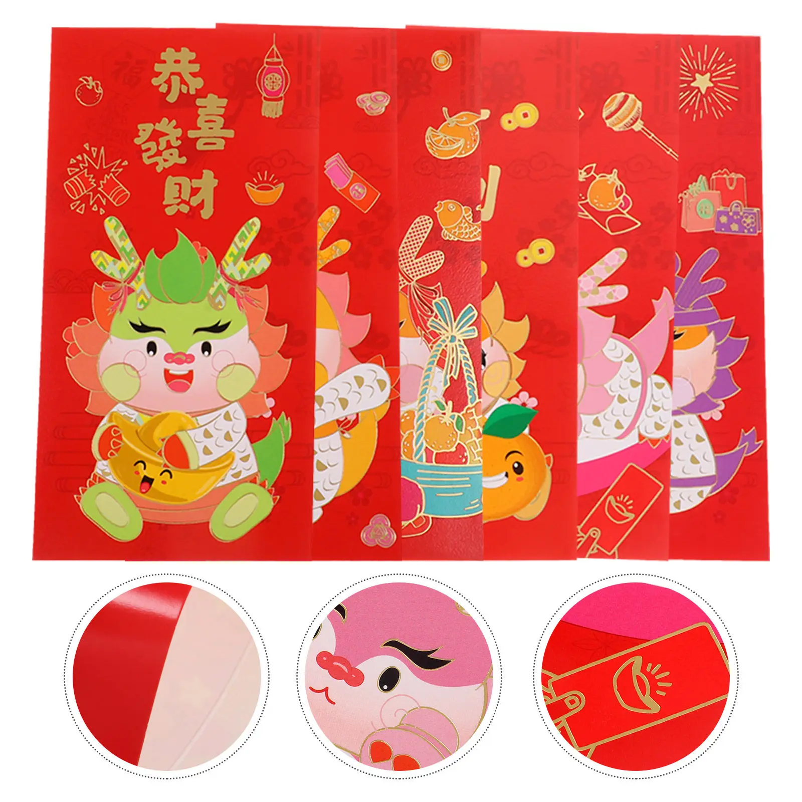 

6Pcs Lunar New Year Red Envelopes 2024 Chinese Dragon Theme Sturdy Smooth Paper Red Packets Festive Auspicious Patterns New Year