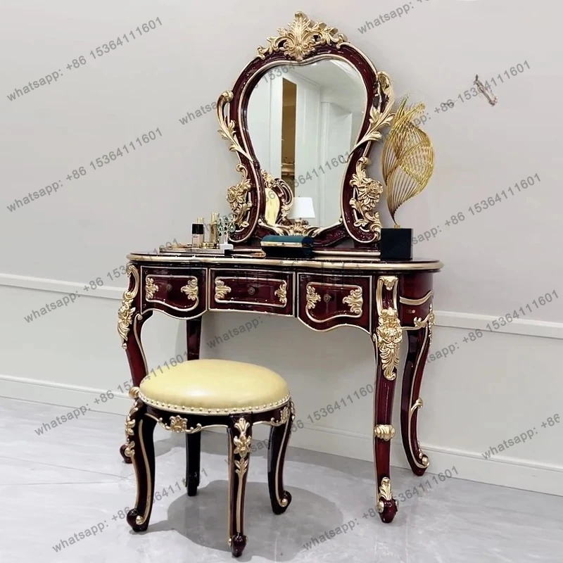 

European solid wood dresser French bedroom red sandalwood beauty club makeup table stool mirror luxury