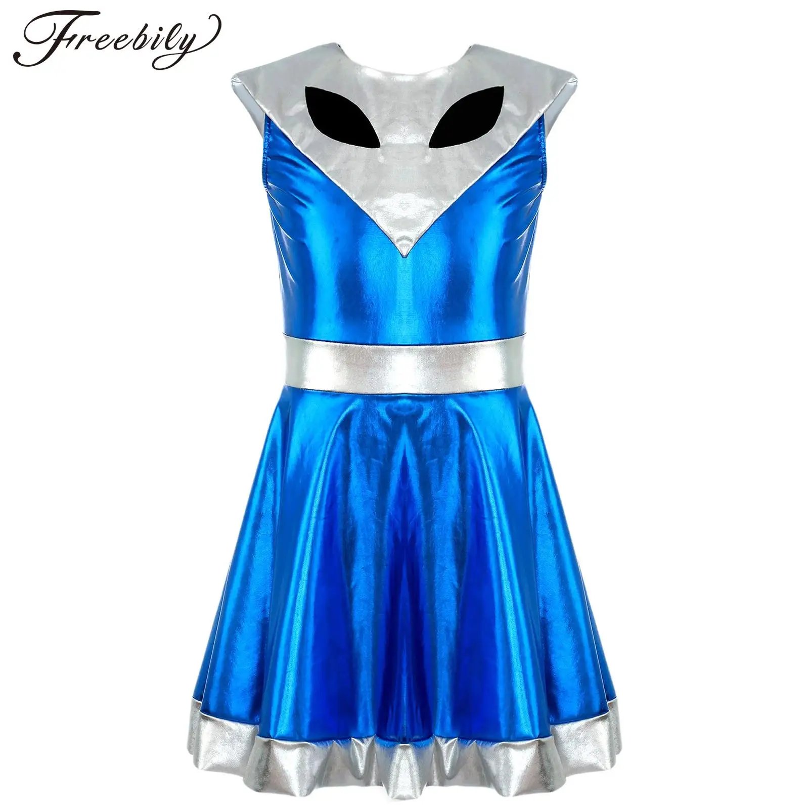 

Kids Girls Halloween Outer Space Alien Cosplay Costume Sleeveless Contrast Color Metallic Shiny Dress for Theme Party Carnival