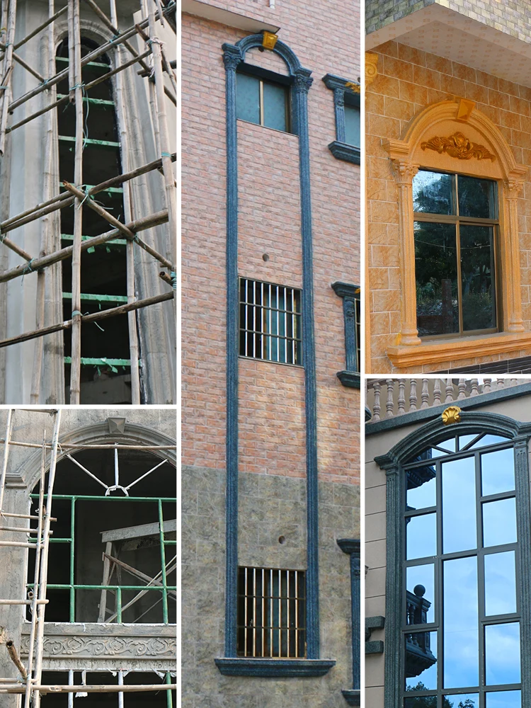 قالب نافذة مقوس للفيلا، عمود روماني، حاشية نصف دائرية، عمود منحني، حافة نافذة مزخرفة