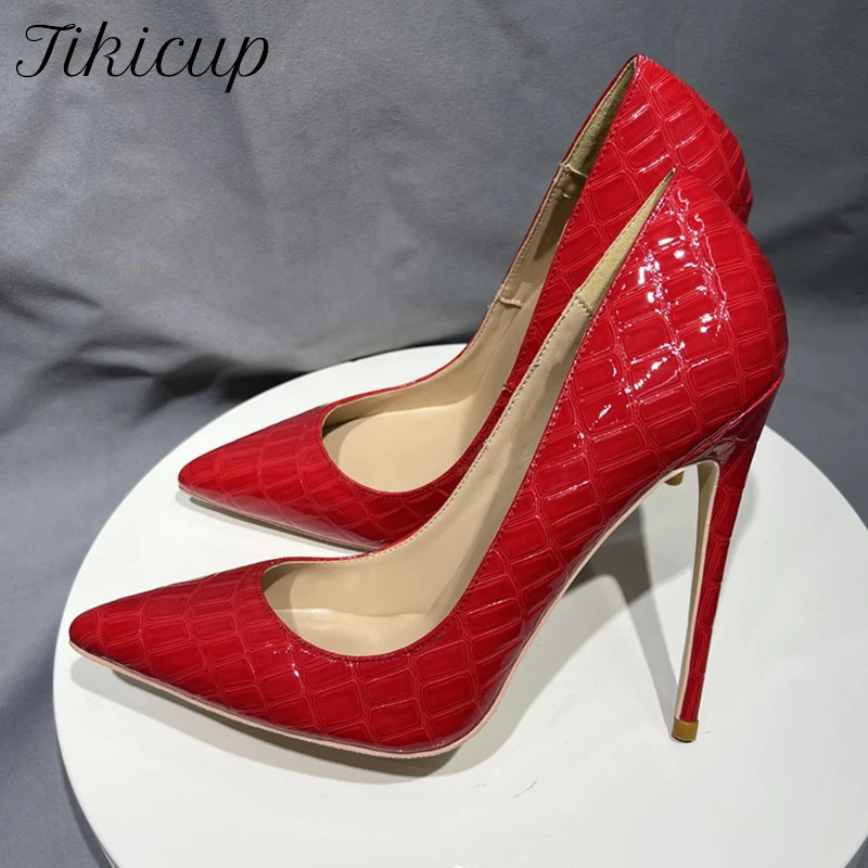 Tikicup 8/10/12cm High Heels Chic Red Women Sexy Elegant Crocodile Effect Stiletto Pumps Pointed Toe Slip On Party Shoes Size46