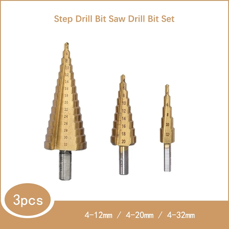 3Pcs Step Drill Bit Saw Drill Bit Set Titanium Milling Cutter HSS 4-12 4-20 4-32 For Woodworking Metal Core Hole Opener