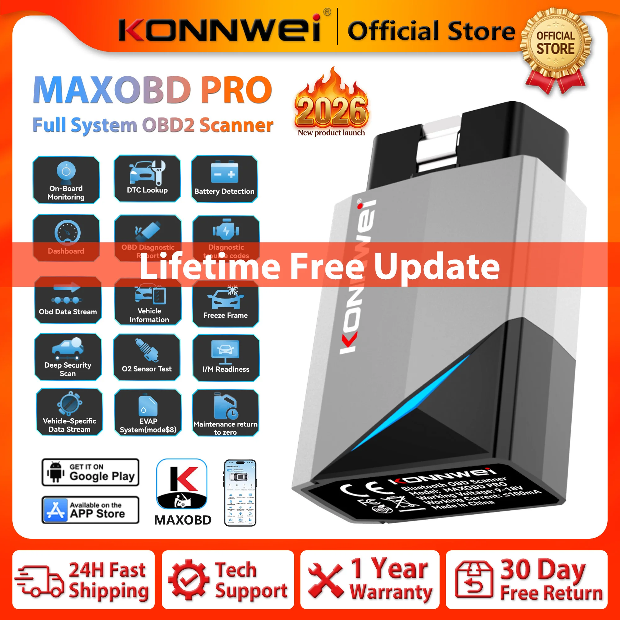 2026 KONNWEI MAXOBD Pro Full System Scanner Bluetooth 5.2 Car OBD2 Diagnostic Tool Oil Reset ABS DPF EPB SAS SRS for Android/ios