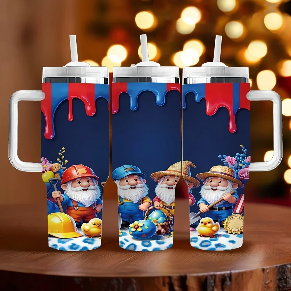 40oz Tumbler with Handle Features Cute Cartoon Gnome Print, It Offers Long Lasting Insulation, Ideal As Holiday And Birthday Gift for All Ages for Daily Use In Indoor And Outdoor Scenes