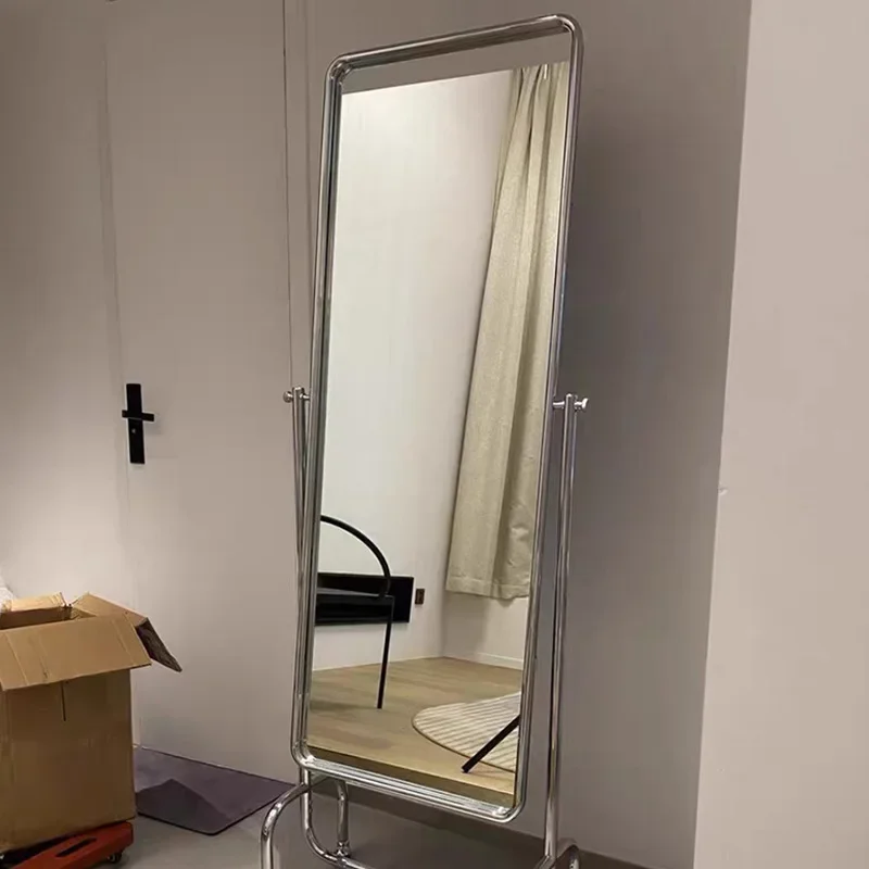 Nordic wheeled mobile clothing store full-length mirror with stainless steel frame floor-to-ceiling