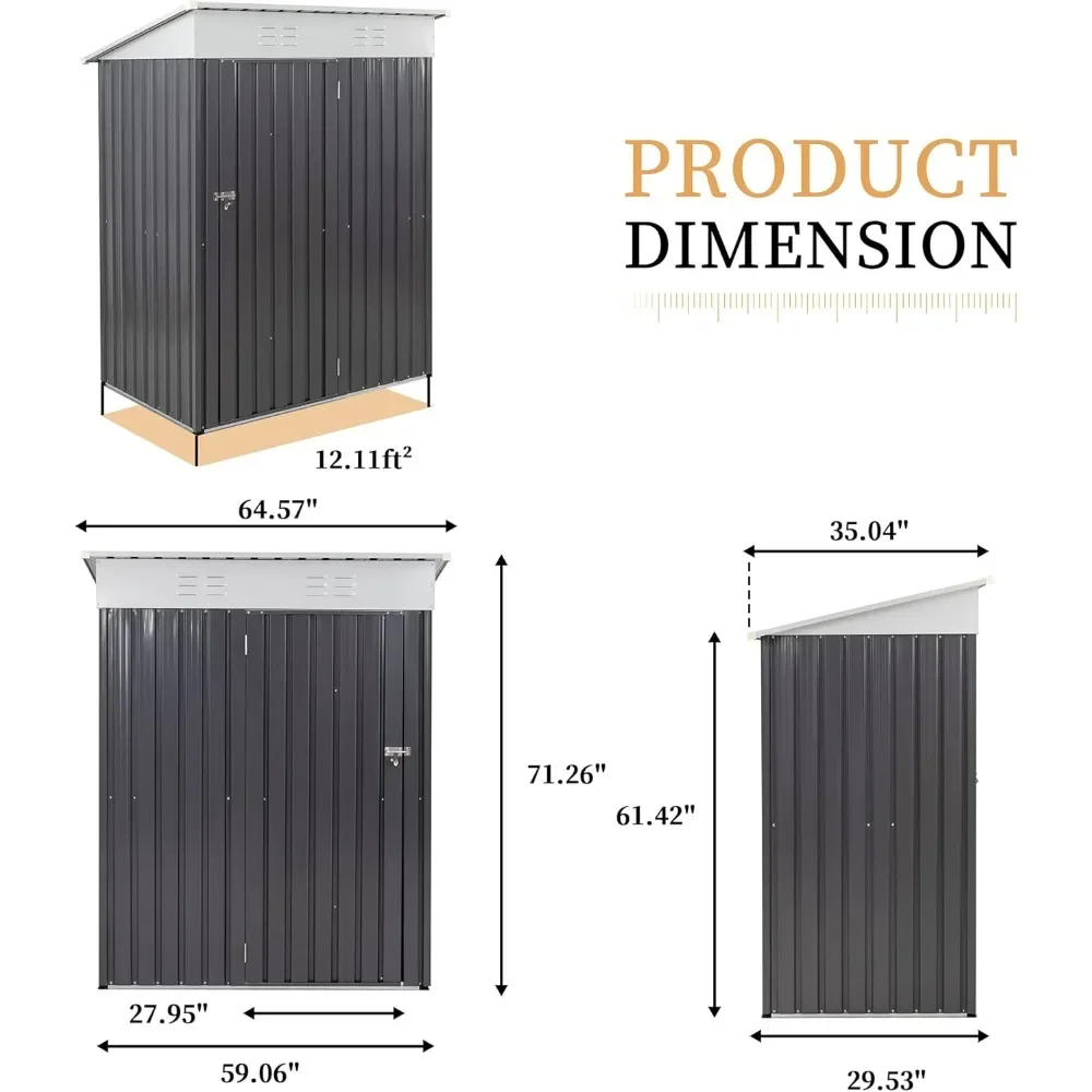 Outdoor Storage Shed, 5 x 3 x 6 Feet, with Lockable Metal Storage Room, Backyard Terrace, Dark Gray Waterproof Tool Shed