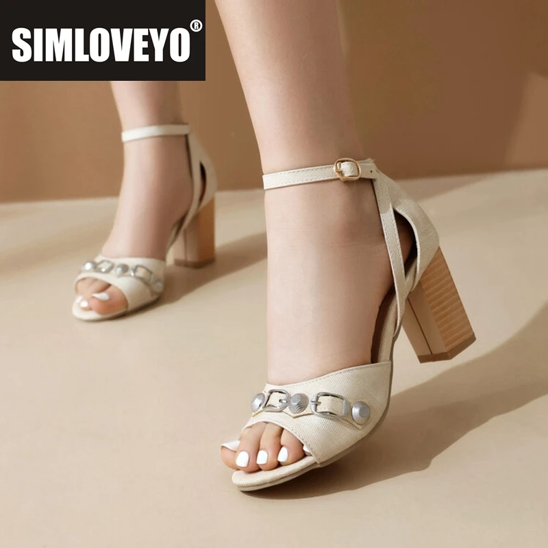 SIMLOVEYO 2024 New Peep Toe Women Sandals 7.5cm Block Heel Ankle Buckle Big Size 45 46 47 48 Party Dress Dress Black White Blue