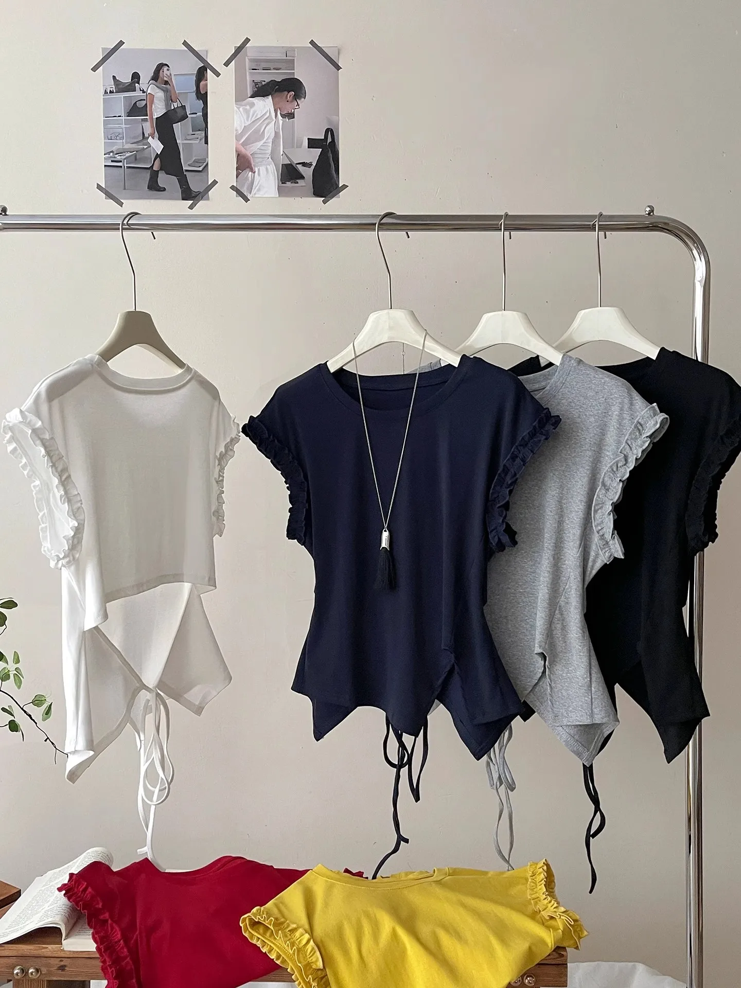 

Summer Women's Pure Desire Irregular Ba Strap T-irt with Fly Sve oulder Pad Korean Sle Commute ort Sve Top