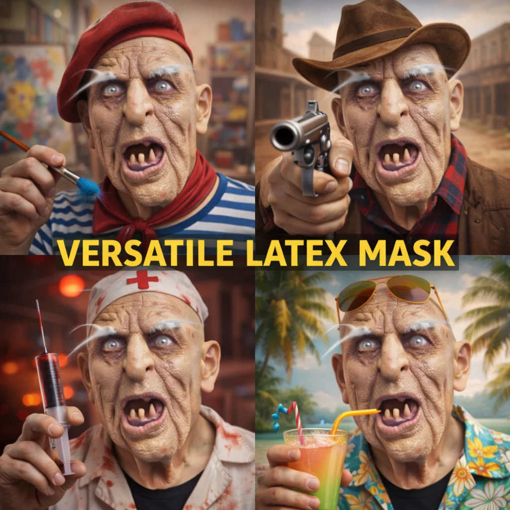 Realistische Horror-Maske eines alten Mannes aus Latex mit faltigem Gesicht, krummen Zähnen und weißen Augenbrauen, gruseliges Halloween-Kostüm, Party-Requisite – Detail 7
