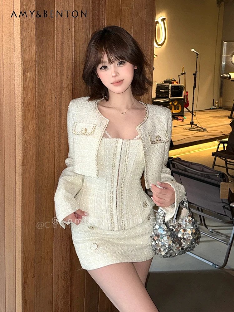 

2025 Spring Summer French Style White Short Jacket Slim Fit Bustier Vest Bodycon High Waist Skirt Three-Piece Set