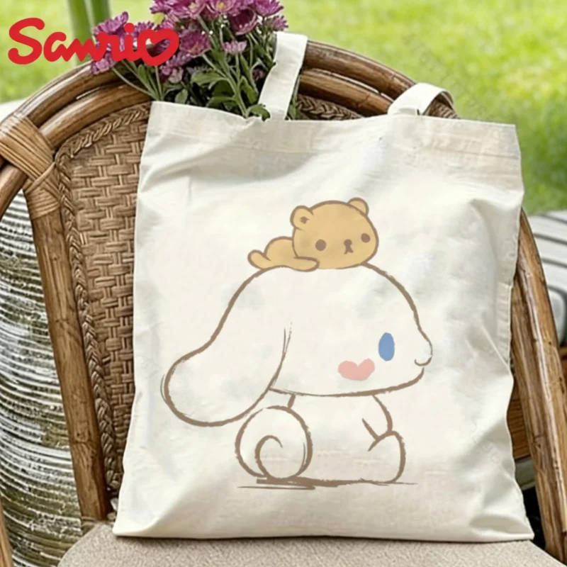 1PC Sanrio Cinnamoroll Canvas Tote Bag Double-sided Bear Print Eco-friendly Reusable Shoulder Bag