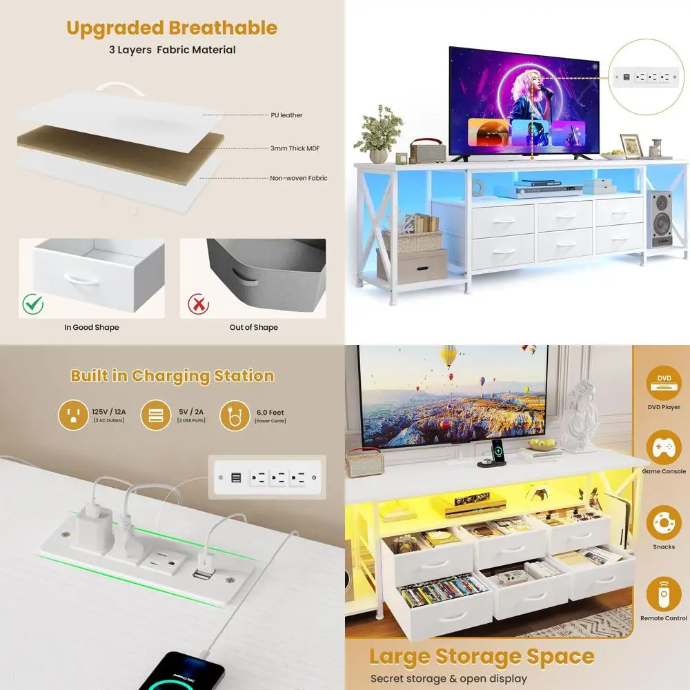 

Подставка для телевизора со светодиодной подсветкой и розетками, вмещает телевизоры с диагональю до 80 дюймов, шириной 63 дюйма, тканевый развлекательный центр, белый цвет