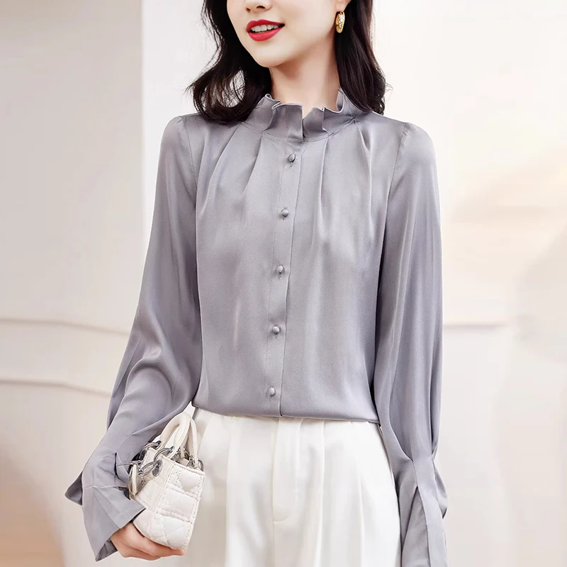 

New Real Silk Women's Blouses and Shirts Long Sleeve Woman Vintage Blouse Loose Tops Women Solid Office Lady Elegant Shirt