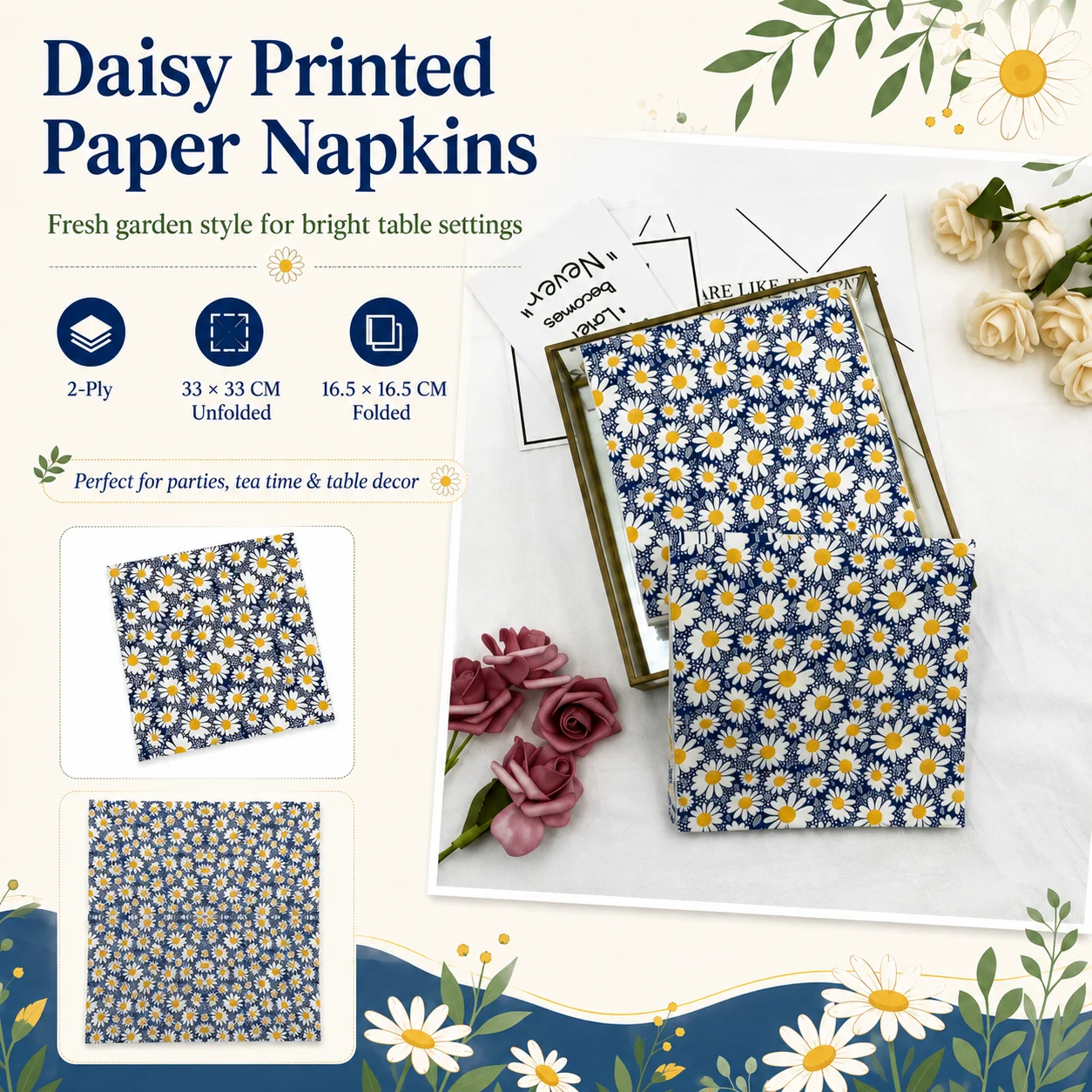 20pcs Daisy Floral Paper Napkins 2-Ply 33x33cm Blue White Printed Serviettes for Birthday Tea Party Table Decor