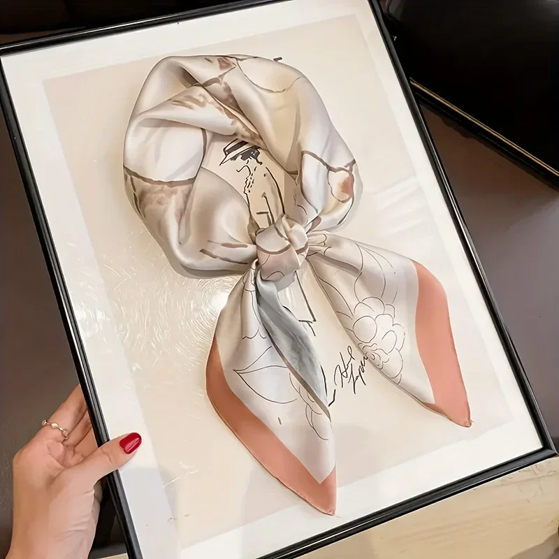 27.5 "زهرة طباعة وشاح مربع مقلد الحرير رقيقة السلس وشاح للرقبة أنيقة نمط واقية من الشمس رئيس التفاف للنساء #2