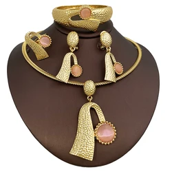 Itlaian Pink Opal Jewelry Set For Women Necklace Earring  Bangle Ring 4Pcs Set Wedding Gift  Daily Wear Jewelry Set