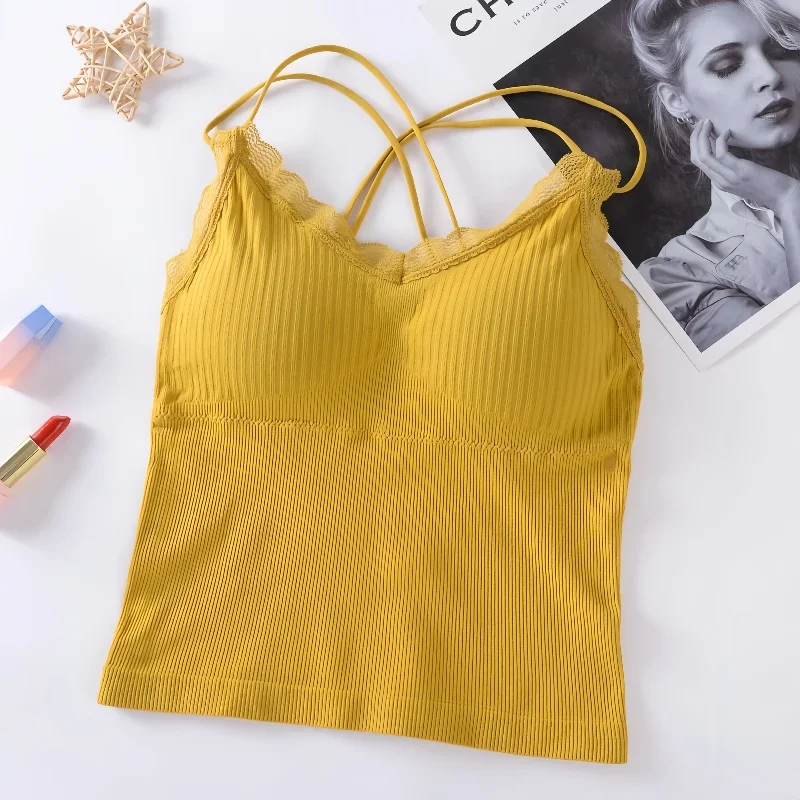 Summer Tank Top Women Crop Tops Sexy Lingerie Beauty Back Seamless Underwear Lace Bralette Camis Female Padded Camisole Femme