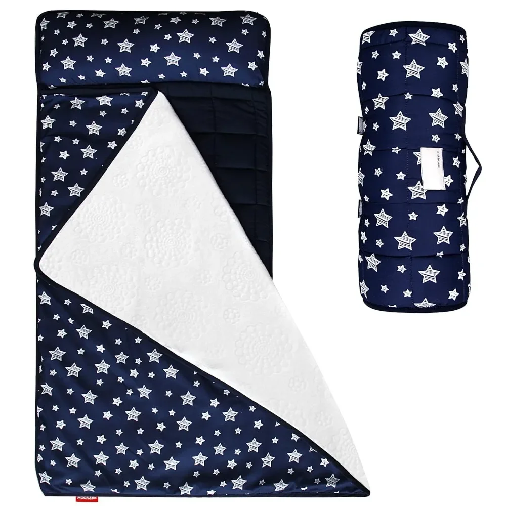 

XMSJ Toddler Nap Mat Boy Navy, Removable Pillow and Fleece Minky Blanket, Lightweight and Soft Perfect for Kids Preschool