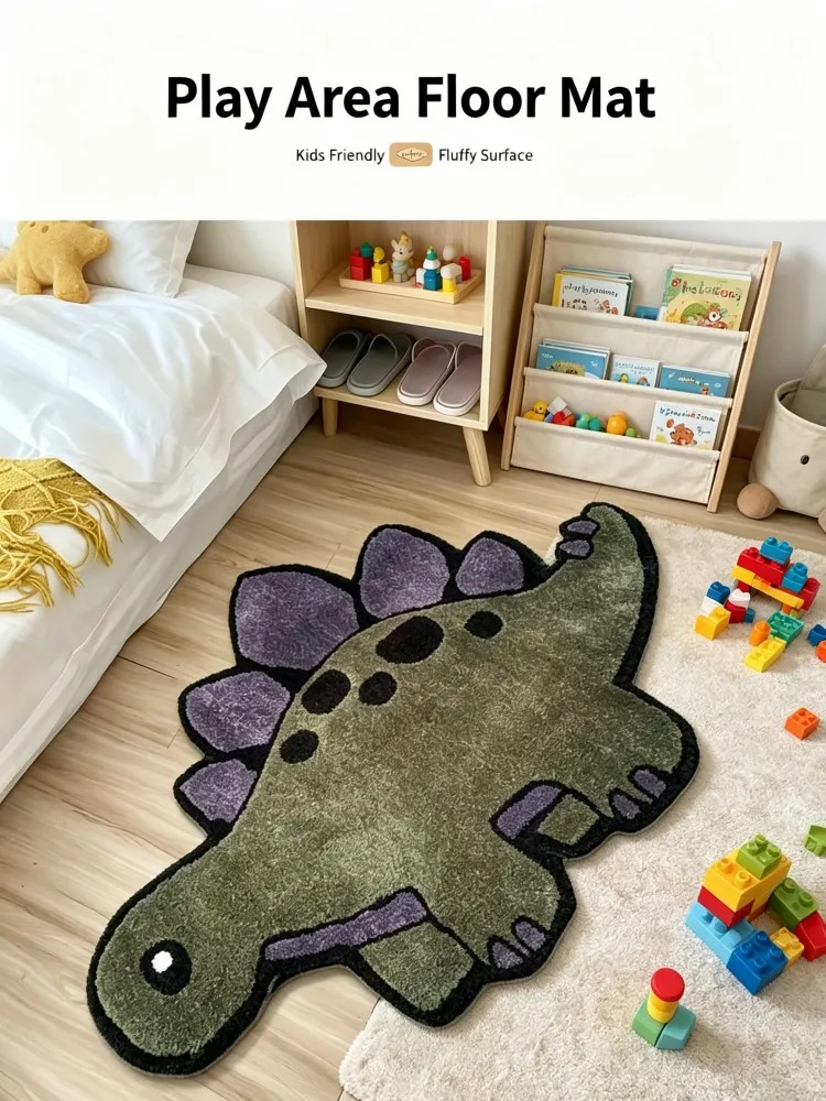 Cute Dinosaur Shape Kids Rug Stegosaurus Cartoon Animal Plush Floor Mat Soft Non‑Slip Children Bedroom Bedside Carpet For Boy Ro