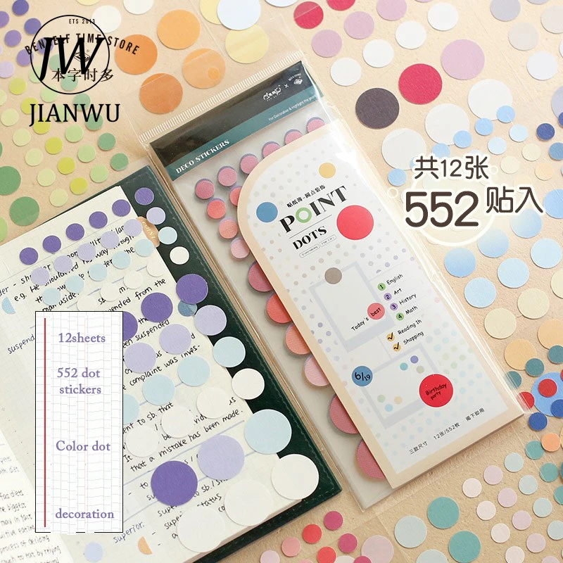 JIANWU 552 Pcs Cute Dot Journal Stickers Kawaii Stationery Multi-label Scrapbooking Hand Account Decorative Index Note Stickers