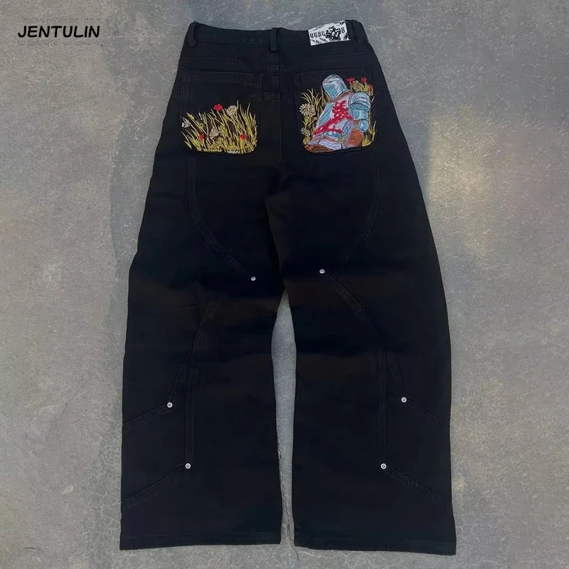 American Fashion 2000s Y2k Artistic Embroidered Men Jeans Women Retro High Street Hip Hop Oversized Wide-leg Pants Unisex Jeans