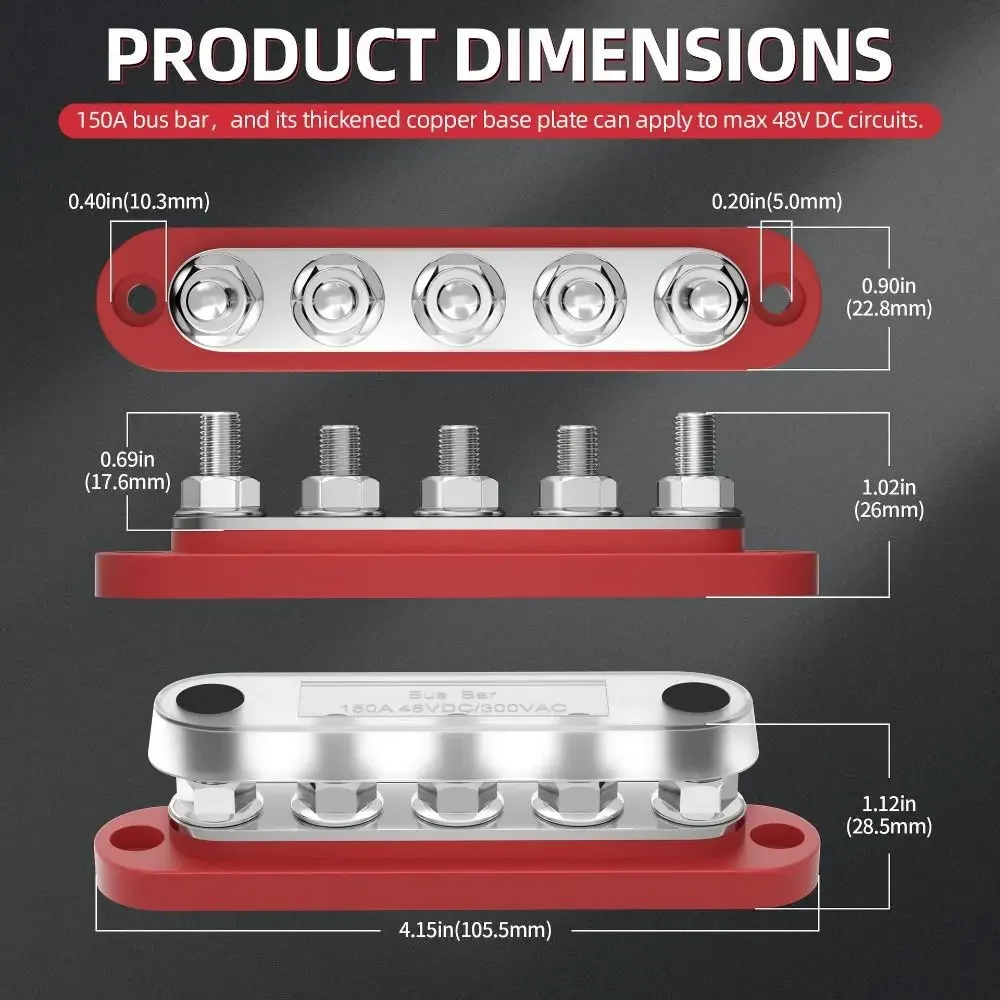 Mini Bus Bar Power Distribution Block 150A 48VDC with Cover Bus copper busbar Conductor bar for Marine Automotive Solar Systems