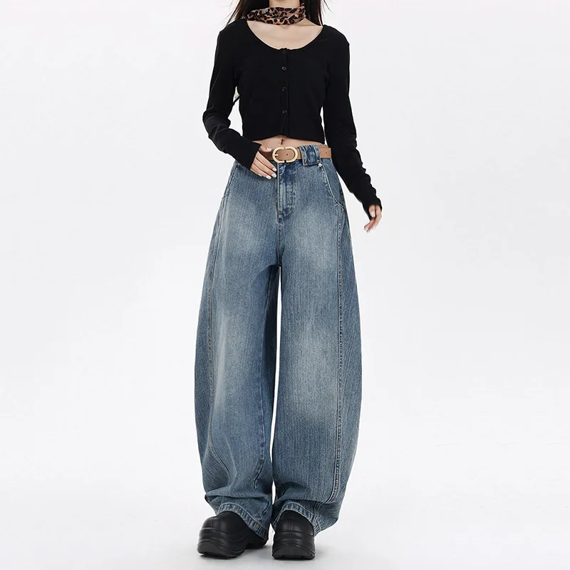 

Loose Scimitar Jeans for Women New American Style Blue Washed Wide Leg New Sickle Casual Long Pants