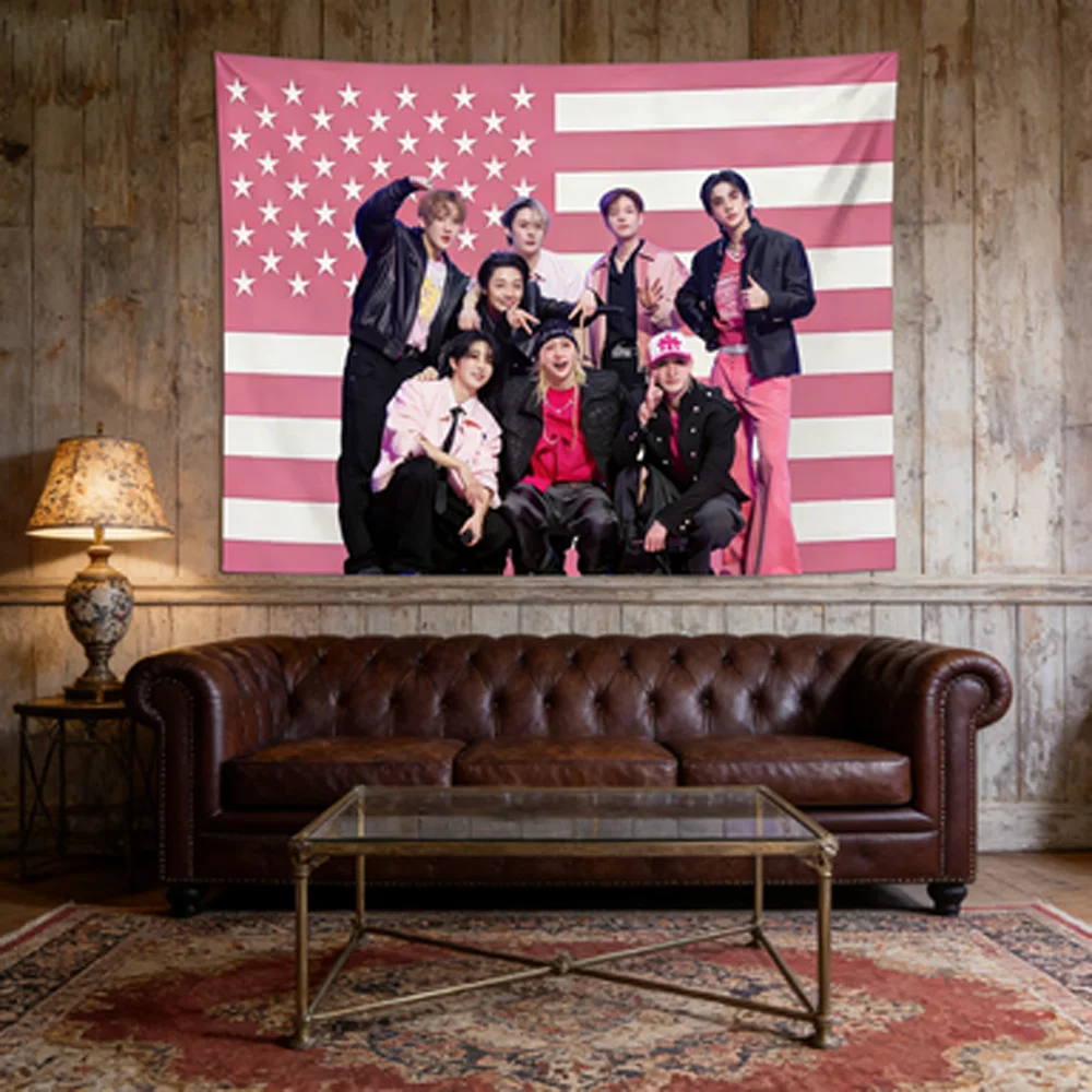 SKZ Tour Pink American Flag Tapestry Wall Hanging Kpop Merch for Stay Flat Print Room Decor Group Stage Photo