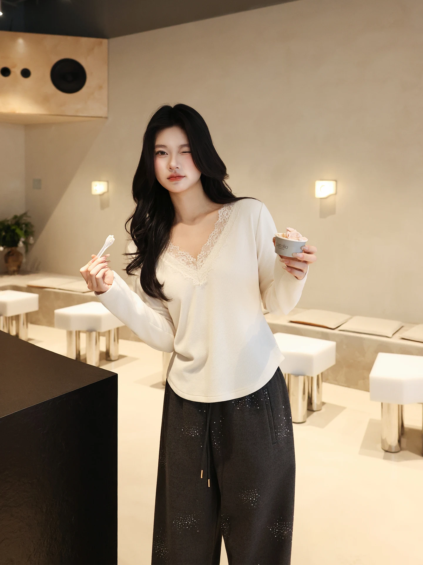 

Теплый повседневный топ с длинными рукавами и кружевными вставками из хлопковой смеси для женщин, свободный крой, Cleanfit Sle Ciwalk