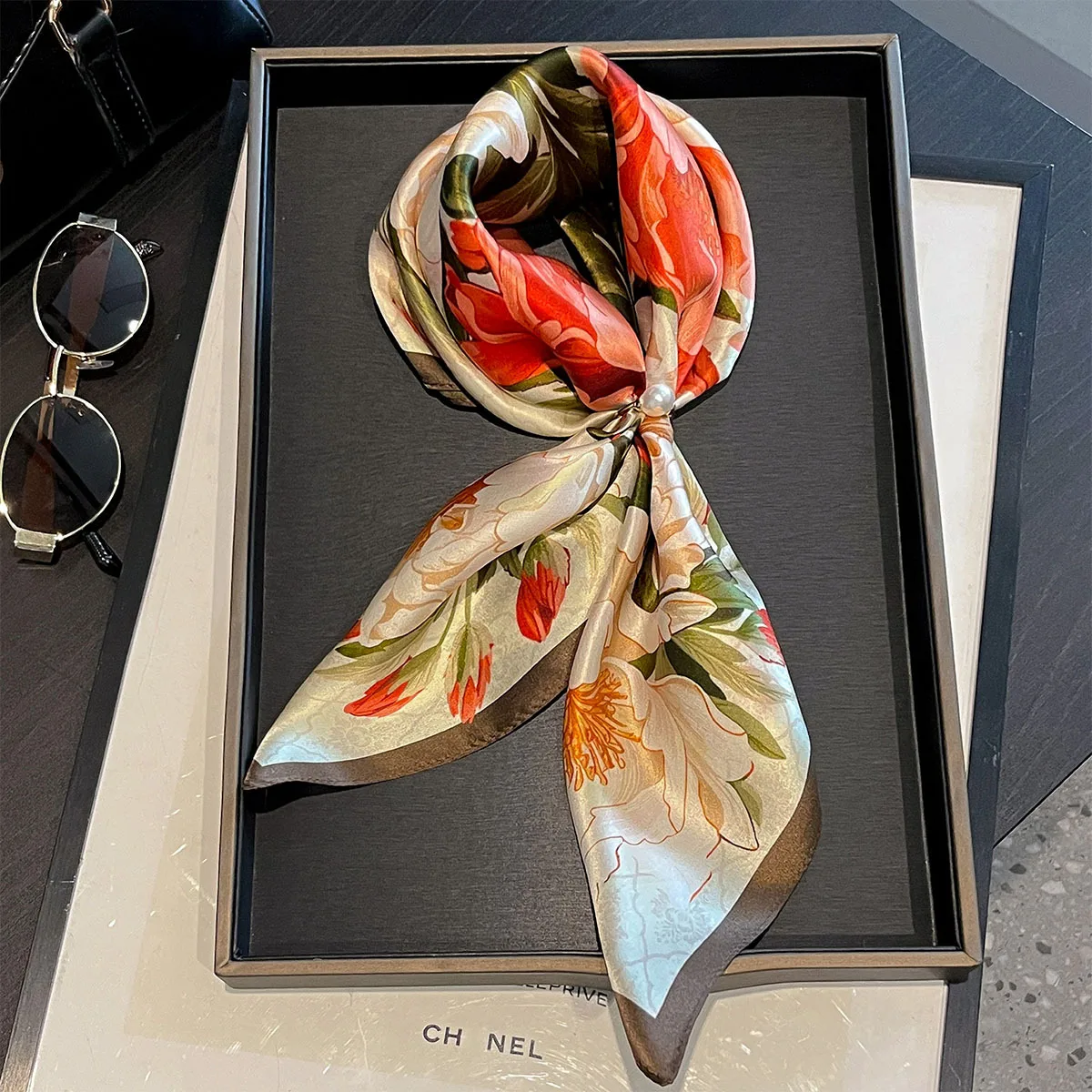 2026 Spring 100% Real Silk Scarf Women Floral Bandana Shawl Lady Mulberry Silk Neckerchief Handkerchief Female Wrap 53cm