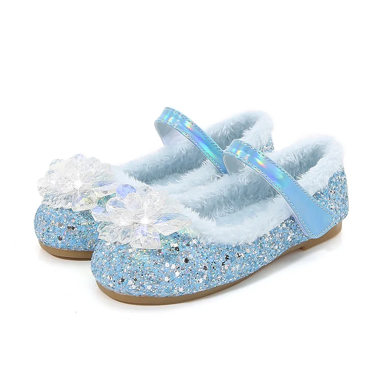 Disney Elsa Princess Shoes Autumn Winter Plush Warm Children Girls Crystal Shoes Fashion Cute Baby Girl Flat Shoes Soft Sole