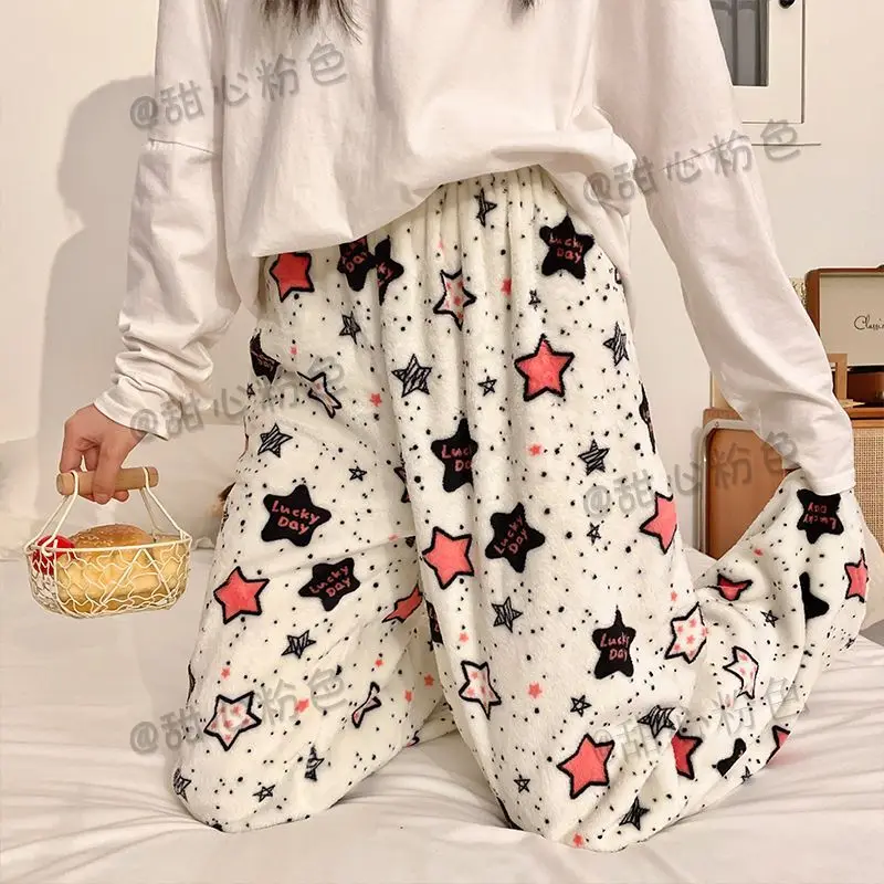 

Спальные брюки Y2k для девочек, зима 2000-х годов, эстетичная звезда, коралловый флис, пижамные штаны, повседневная теплая домашняя одежда, женские брюки