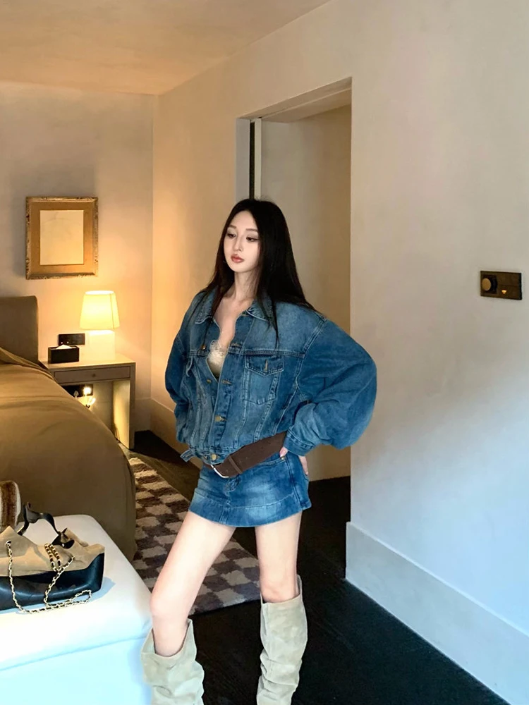 

American Style Long Sleeve Denim Jacket And High Waist Skirt Women's Fashion Set Spring New Chic Trendy Outfit