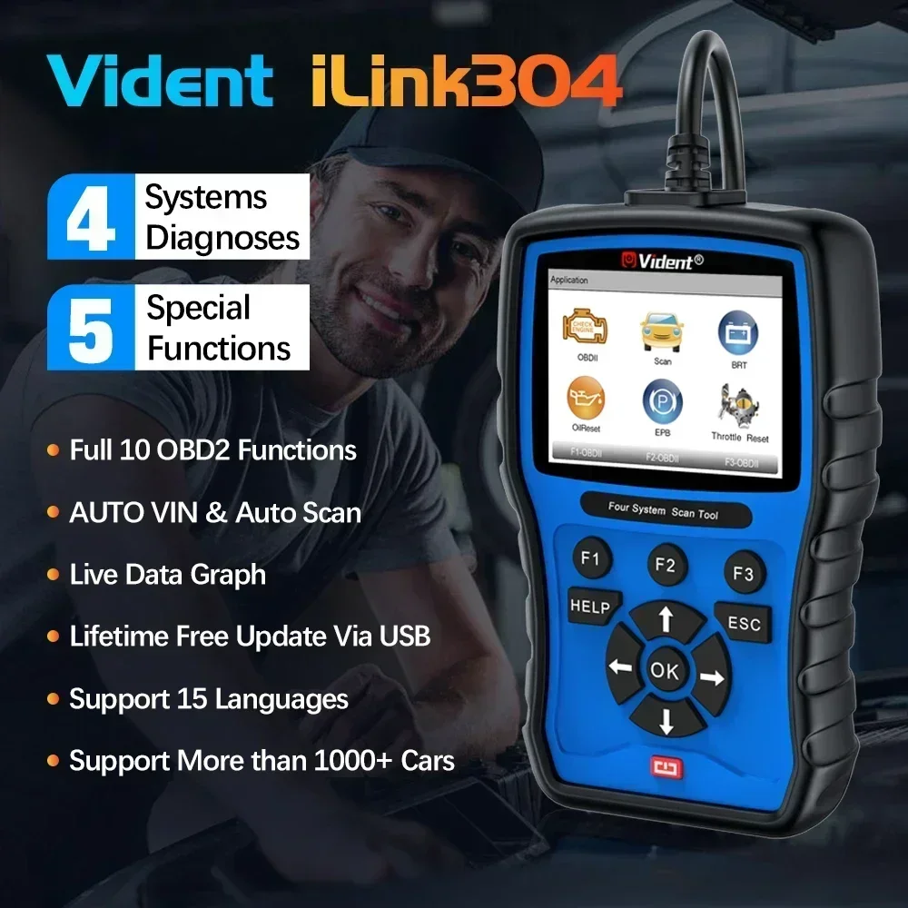 Newest Vident ILINK304 OBD2 Scanner PCM TCM ABS SRS 4 System Car Diagnostic Tool BRT/Oli Reset/EPB/Throttle Reset/Steering Angle