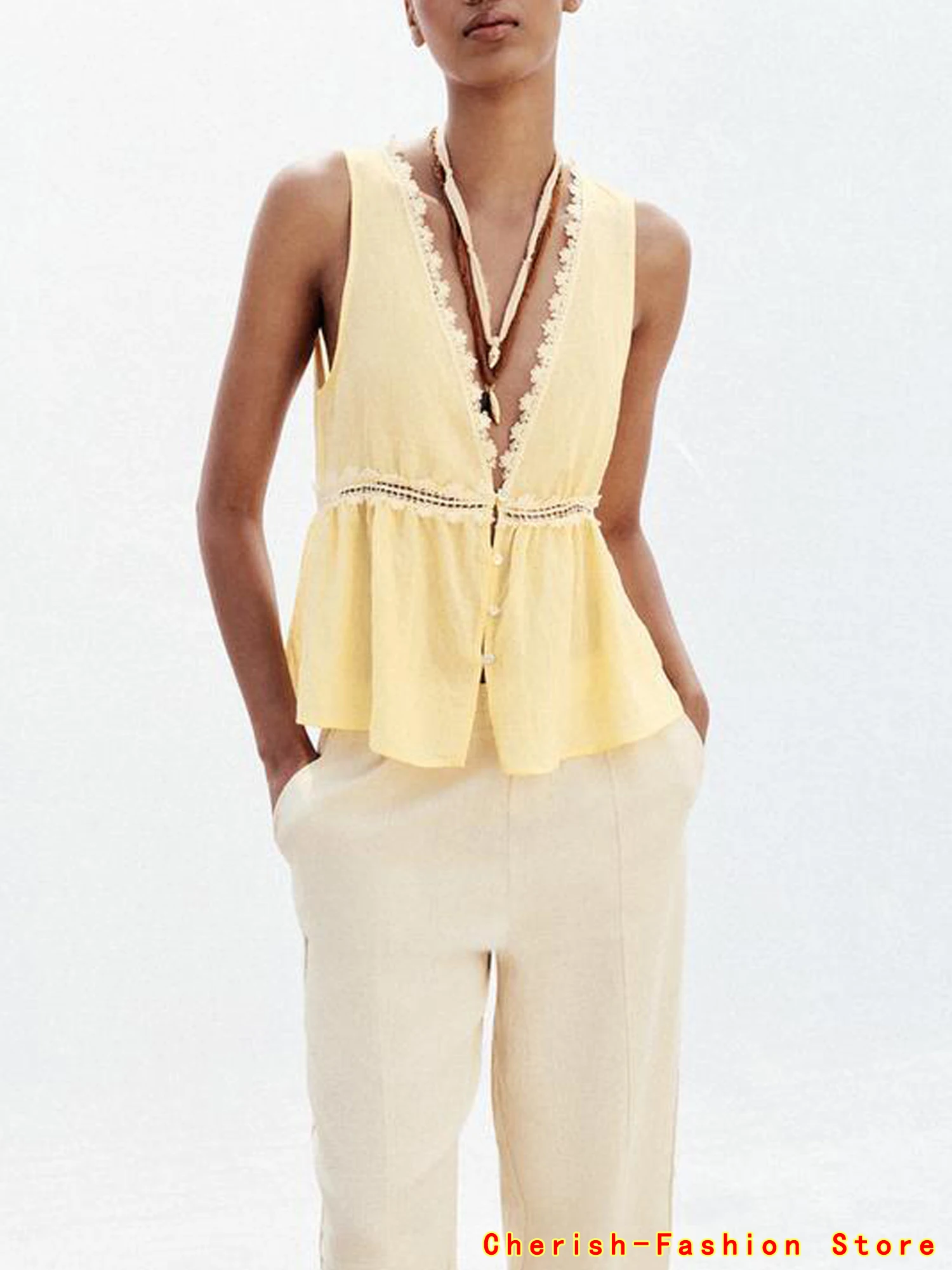 2025 Estate Decorazione in pizzo Top casual larghi per le donne Top senza maniche Moda senza maniche Top corto Gilet Colore giallo Caldo